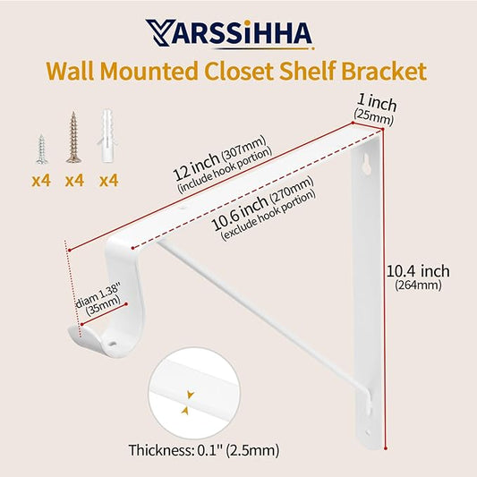 Yarssihha 2 Pack Closet Rod Bracket, 12 x 10.4 Inch Wall Mounted Closet Shelf Bracket, White Closet Rod Support Bracket with Screws