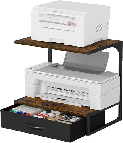 Printer Stand with Storage for Desk, with Fabric Drawer Desktop Printer Stand Shelf Organzier for Home Office, for Above and Under Desk Printer Table, Fax Machine Copier, Retro