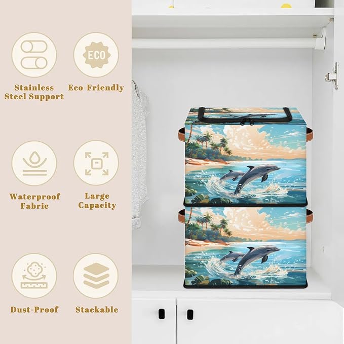 Ocean Beach Dolphin Storage Bins with Zipper Lid, Collapsible Fabric Storage Basket with Leather Handles Closet Shelf Cloth Organizer Basket for Nursery Bedroom Clothes Toy