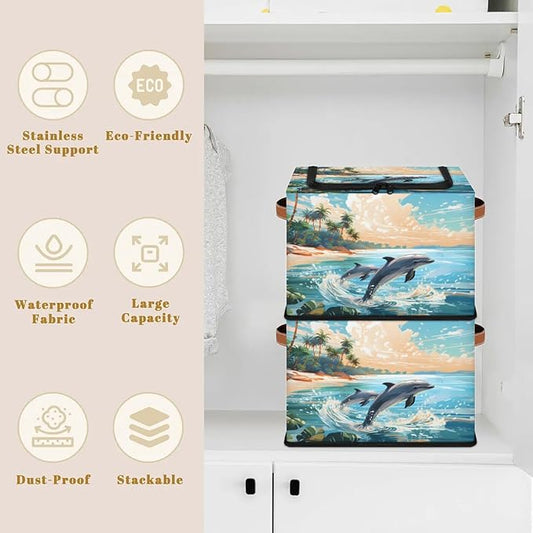 Ocean Beach Dolphin Storage Bins with Zipper Lid, Collapsible Fabric Storage Basket with Leather Handles Closet Shelf Cloth Organizer Basket for Nursery Bedroom Clothes Toy