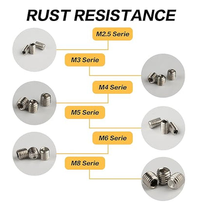 360 Pcs Allen Head Screws - Hex Socket Head, Grub Screw Set - M2.5/M3/M4/M5/M6/M8 Metric Stainless Steel Internal Hex Drive Cup-Point Screws Assortment Kit for Door Handles, Light Fixture