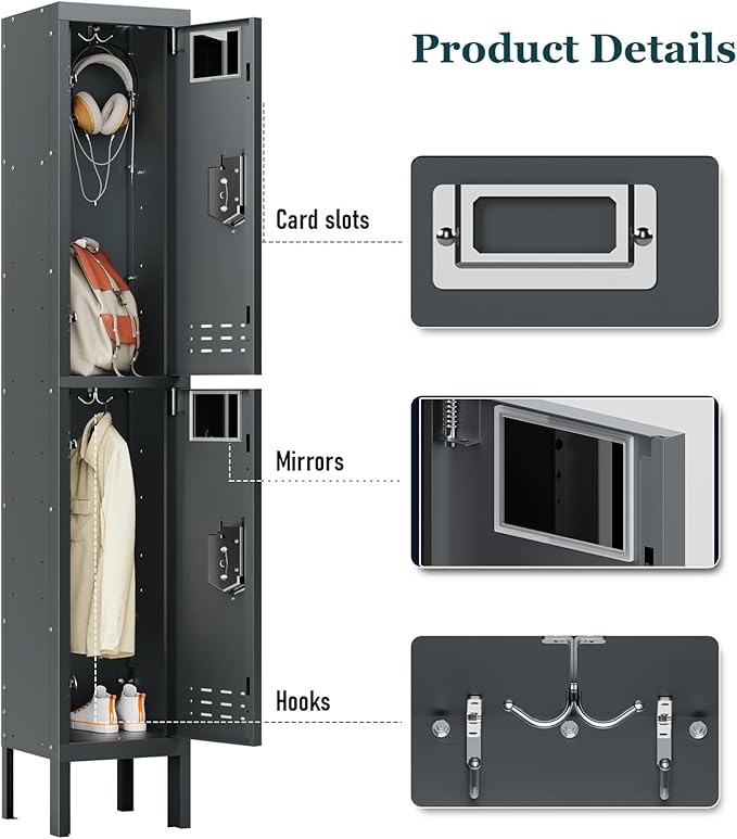 Metal Storage Locker with Lock & Card Slot Locker - Secure Lockable Door - Steel Locker for School, Office, Gym, Home - 66.15" H x 11.8" W x 11.8" D（2 Door, Grey）