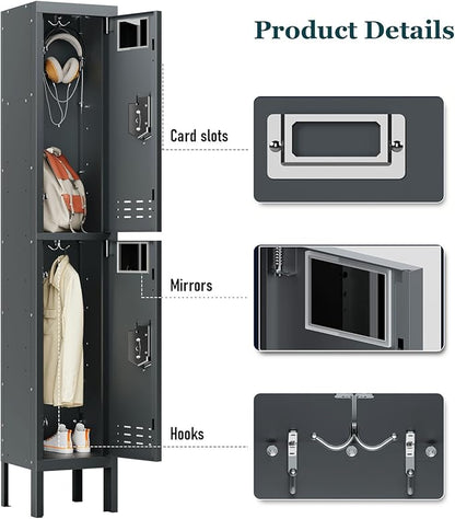 Metal Storage Locker with Lock & Card Slot Locker - Secure Lockable Door - Steel Locker for School, Office, Gym, Home - 66.15" H x 11.8" W x 11.8" D（2 Door, Grey）