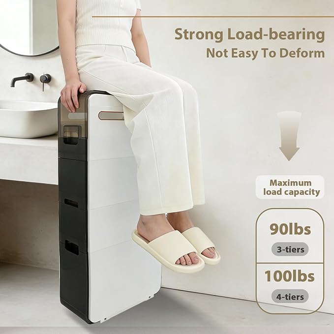 Ultra Thin Bathroom Storage Cabinet with Drawers for Living Room, Slim Bathroom, Kitchen, Room and Other Small Items (4 Tiers)
