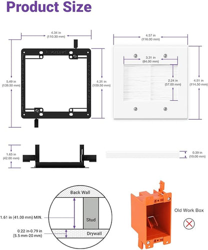 VCELINK 2 Gang Brush Wall Plate 2 Pack, Cable Pass Through Wire Hider for Cable Management, Compatible with Ethernet Cables, HDMI Cables & Home Theater Systems (White, with Bracket)