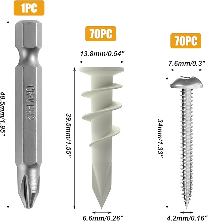 KURUI 140Pcs #8 Self Drilling Drywall Anchors with Screws Kit, Heavy Duty Dry Wall Anchors for Hanging Sheetrock, 50 Self-Tapping Plastic Drywall Hangers 50 Sheet Rock Screws, Mounting Hardware -75LB