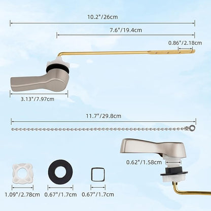 Hibbent Universal Front Mount Metal Toilet Handle Replacement Kit, Brass Toilet Tank Flush Lever with Stainless Steel Adjustable Flapper Chains for Most Toilets, Brushed Nickel