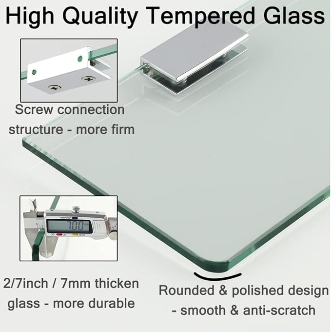 SAYAYO Floating Glass Shelves for Bathroom, Tempered Glass Shelf for Wall 15 x 5 Inch 1 Pcs, Clear