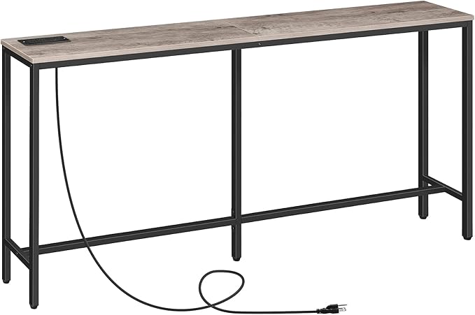 63" Console Table with Power Outlet, Narrow Sofa Table, Industrial Entryway Table with USB Ports, Behind Couch for Entryway, Hallway, Foyer, Living Room, Greige CTHG16E01Z1