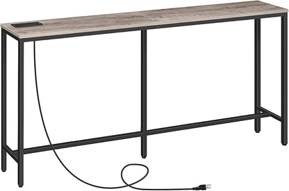 63" Console Table with Power Outlet, Narrow Sofa Table, Industrial Entryway Table with USB Ports, Behind Couch for Entryway, Hallway, Foyer, Living Room, Greige CTHG16E01Z1
