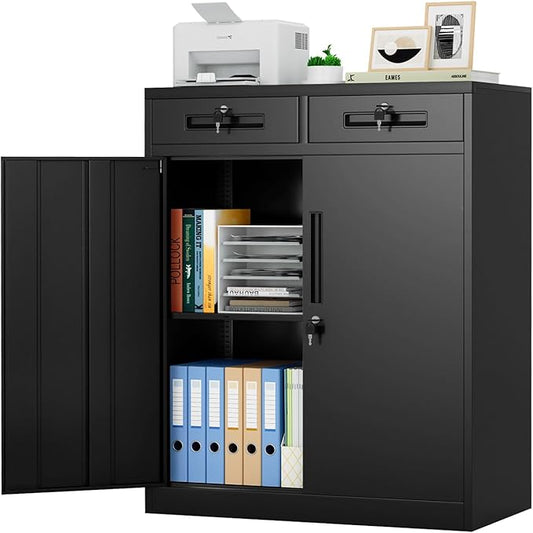 Bonusall Garage Storage Cabinet with 2 Drawers,36" Metal Office Cabinets with Doors and Shelves,Steel Cabinet for Home Office,School,Warehouse(Black)