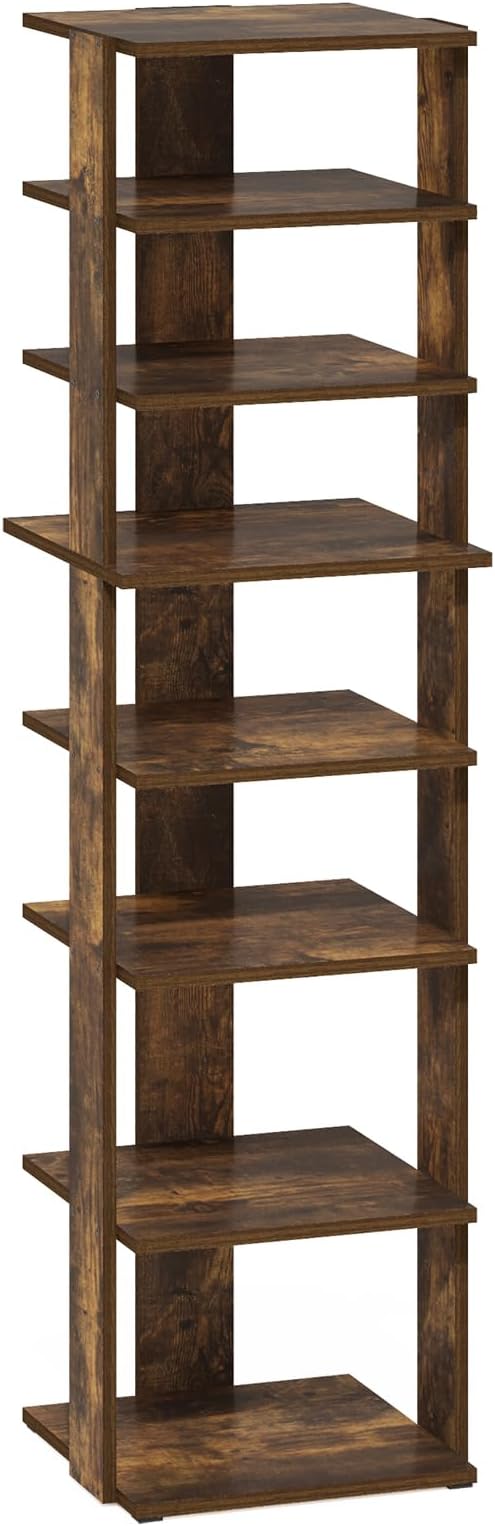Furinno Compact Vertical Shoe Rack, 8-Tier Narrow Shoe Organizer, Free Standing Shoe Storage, Shoe Shelf for Boots, Sneakers, 12 x 12.6 x 46.7, for Closet, Entryway, Office, Garage, Amber Pine