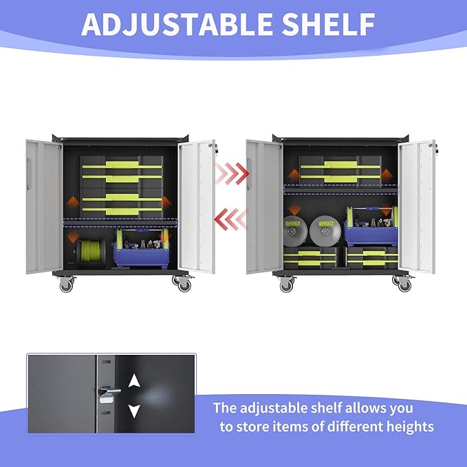 Metal Garage Storage Cabinet on Wheels, Lockable Rolling Tool Cabinet with Doors and Shelves, Heavy Duty Mobile Steel Cabinet for Garage Warehouse Workshop