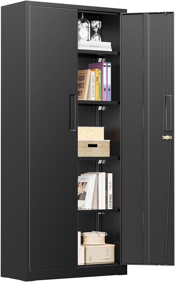 Greenvelly Metal Cabinet, 63”Tall Kitchen Pantry Storage Cabinets with 2 Lock Doors and 4 Adjustable Shelves,Dark Grey Kitchen Cabinet Storage for Dinning Room,Garage,Office