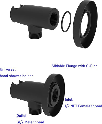 Aquaiaw Wall Supply Elbow with O-Ring Flange, Electroplate Matte Black, Solid Brass Wall Union with Hand Shower Holder, Tapered 1/2 NPT Female Inlet, Round, W/Handheld Showerhead bracket, G1/2 Outlet