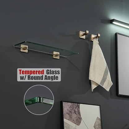JQK Bathroom Glass Shelf, Floating Tempered Glass Shower Storage 16 by 5 inches, 304 Stainless Steel Champagne Bronze Wall Mount, TGS201L16-CB