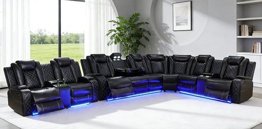 Black Power Sectional Recliner Sofa Set for Living Room, Power Recliner Sofa and Loveseat Sets, L Shaped Leather Sectional Sofa with LED, Smart Power Pad, Cup Holders, Storage for House/Office