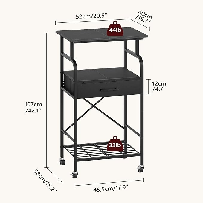 Tall Printer Stand, 3 Tier Printer Cart with Storage, Industrial Printer Table on Wheels, Adjustable Shelf & Fabric Drawer, for Home Office Study Black PTBK5501