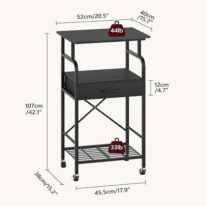 Tall Printer Stand, 3 Tier Printer Cart with Storage, Industrial Printer Table on Wheels, Adjustable Shelf & Fabric Drawer, for Home Office Study Black PTBK5501