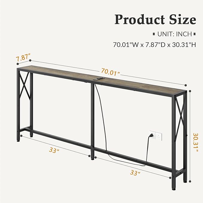 70" Sofa Tables Narrow Long, Behind Couch Table with Oulets & USB Ports, Industrial Long Skinny Stand for Entryway,Hallway, Living Room, Bedroom 7.9" D x 70" W x 30.3" H
