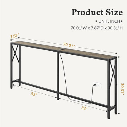 70" Sofa Tables Narrow Long, Behind Couch Table with Oulets & USB Ports, Industrial Long Skinny Stand for Entryway,Hallway, Living Room, Bedroom 7.9" D x 70" W x 30.3" H
