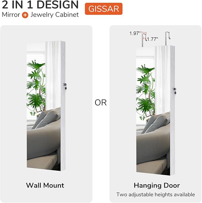 GISSAR Full Length Mirror Jewelry Cabinet, 6 LEDs Jewelry Armoire Wall Mounted Over The Door Hanging, Jewelry Organizer Storage with Lights Lockable White