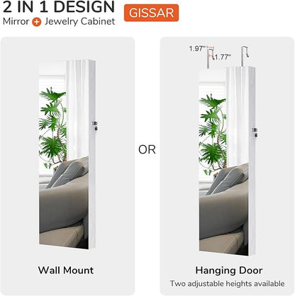 GISSAR Full Length Mirror Jewelry Cabinet, 6 LEDs Jewelry Armoire Wall Mounted Over The Door Hanging, Jewelry Organizer Storage with Lights Lockable White