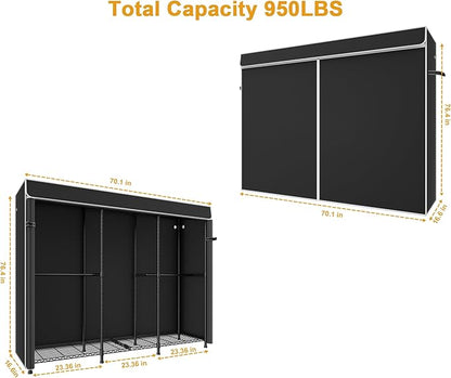 E14C Pro Heavy Duty Closet Organizer System，Freestanding Clothing Racks for Hanging Clothes，Adjustable Garment Rack 70.1"W × 16.6"D × 76.4"H Hold 960 lbs，Black Rack with Black Dustproof Cover