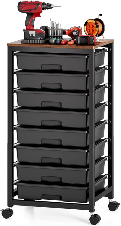Rolling Storage Cart with Drawers,Utility Cart With 8 Drawers and Wooden Tabletop,Rolling Drawer Cart,Storage Drawer Cart for Living Room,Classroom,Bedroom,Bathroom,Dorm,Office, Black