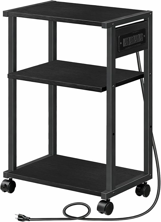 HOOBRO Industrial Printer Stand with Charging Station, 3-Tier Printer Table, Rolling Printer Cart with Adjustable Shelf and Hook, Black BB28UPS01