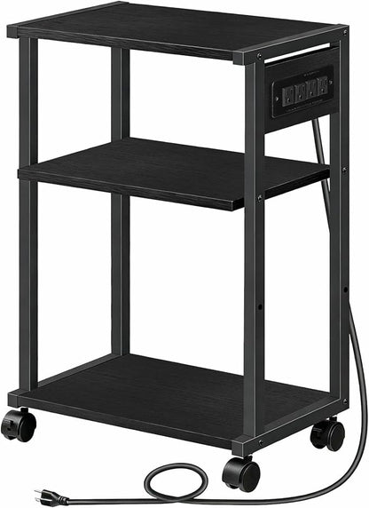 HOOBRO Industrial Printer Stand with Charging Station, 3-Tier Printer Table, Rolling Printer Cart with Adjustable Shelf and Hook, Black BB28UPS01