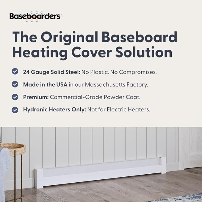Baseboarders Basic Series 5 ft (60 in) Galvanized Steel Slip-On Baseboard Heater Cover + Left & Right Endcaps, Rust Resistant, White, for Hydronic Hot-Water Systems