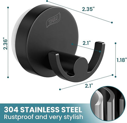 TAILI 304 Stainless Steel Bathroom Suction Hooks for Towel, Bathrobe, Loofah, Patented Strong Suction Cup Holder, No Damage Hanging Glass Shower Wall Hook, Double-Hook Sleek Design, 2 Pack, Black