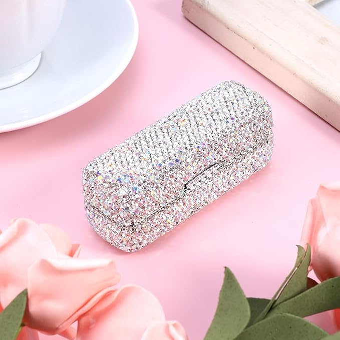 CALIDAKA Crystal Lipstick Case Holder Shiny Rhinestone Lipstick Organizer with Mirror Portable Bling Diamonds Lipstick Storage Holder Lip Gloss Makeup Storage Bag