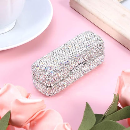 Rhinestone Lipstick Case with Mirror, Bling Crystal Lipstick Case Diamonds Makeup Cosmetic Storage Box Holder for Purse Ladies Fashion (Silver Color)