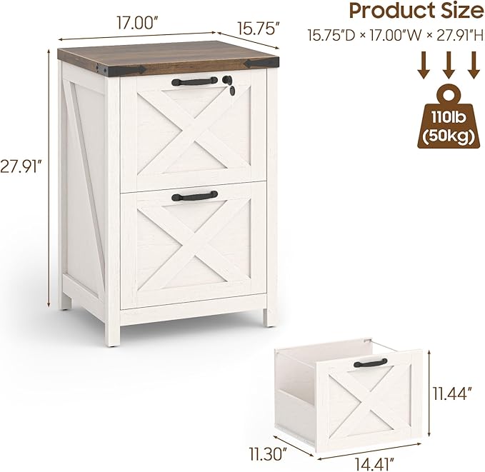2 Drawer Small File Cabinet with Lock, Farmhouse Vertical Filing Cabinet Fits Letter and A4 Size, Under Desk Wooden File Cabinets for Home Office, Printer Stand, Rustic White