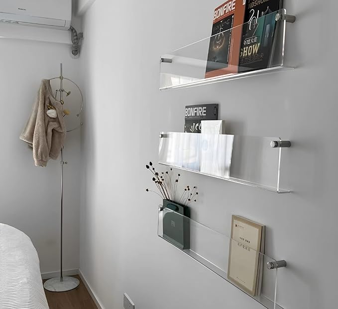 4-Pack 24" Acrylic Magazine Holder Vinyl Records Holder, Display Floating Bookshelves Wall Mounted, Hanging Nursery Book Shelves for Waiting Room, Living Room, Office