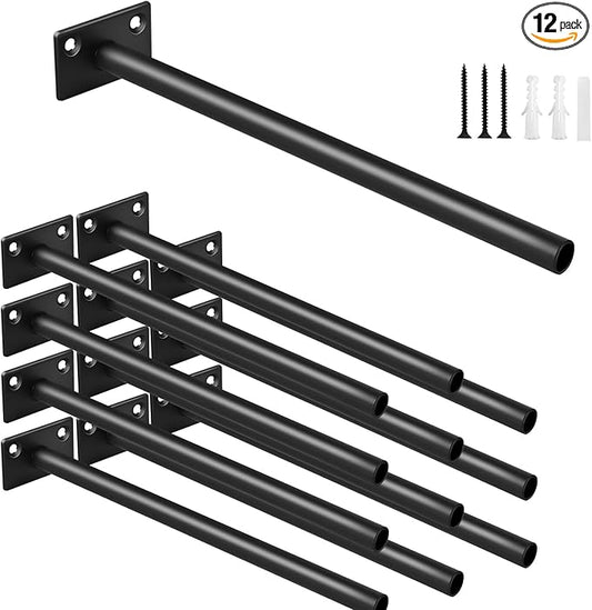 12 Pcs 8" Black Steel Floating Shelf Bracket Blind Shelf Supports - Hidden Brackets for Floating Wood Shelves - Concealed Blind Shelf Support – Screws and Wall Plugs Included