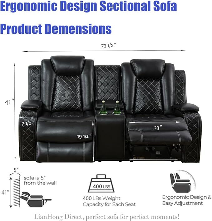 Black Power Sectional Recliner Sofa Set for Living Room, Power Recliner Sofa and Loveseat Sets, L Shaped Leather Sectional Sofa with LED, Smart Power Pad, Cup Holders, Storage for House/Office