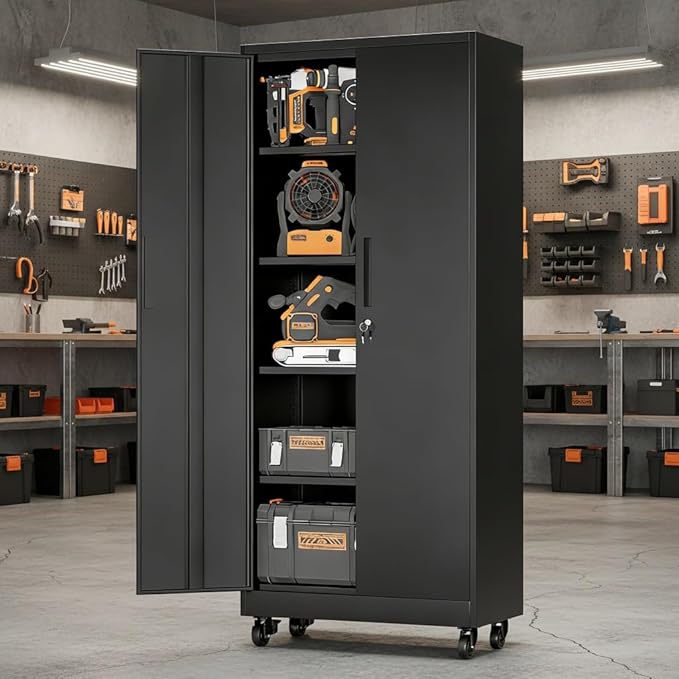 Metal Garage Storage Cabinet on Wheels, 71" Tall Lockable Rolling Tool Cabinet with Doors and 4 Adjustable Shelves, Heavy Duty Mobile Tool Cabinets for Garage Warehouse Workshop