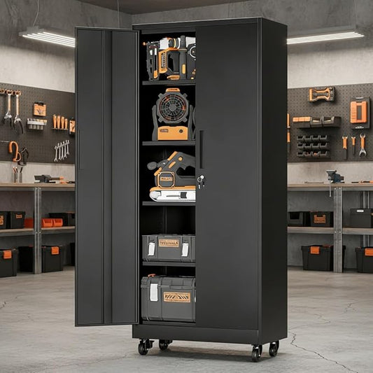 Metal Garage Storage Cabinet on Wheels, 71" Tall Lockable Rolling Tool Cabinet with Doors and 4 Adjustable Shelves, Heavy Duty Mobile Tool Cabinets for Garage Warehouse Workshop
