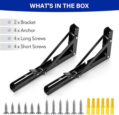 2 Pack 10'' Folding Shelf Brackets Max. Load 580 lb, Heavy Duty Stainless Steel DIY Wall Mounted Shelf Bracket Space Saving for Table Work Bench