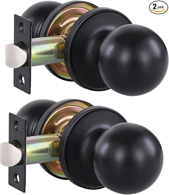 Lanwandeng (2 Pack) Matte Black Passage Keyless Door Knobs for Closet/Hall/Conference Room, Round Ball Interior Door Handles