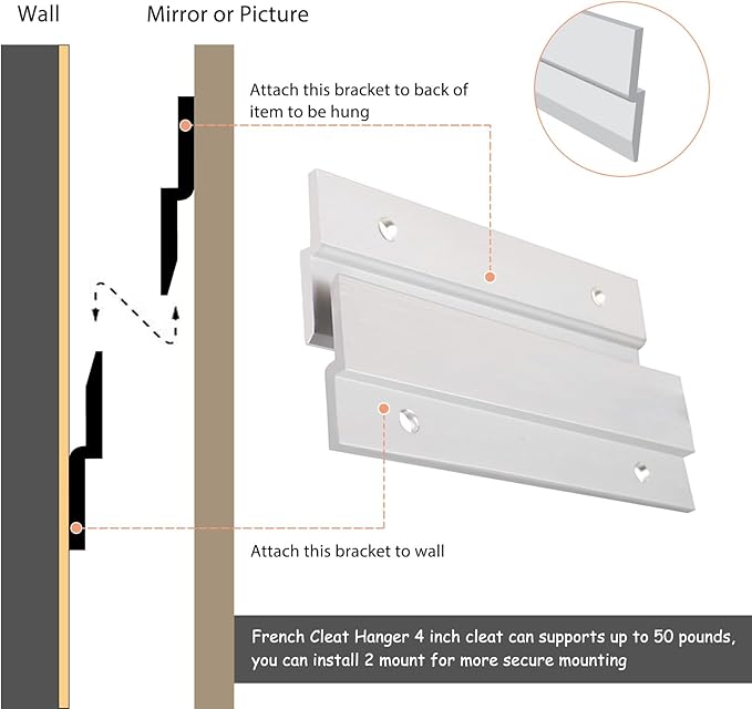 French Cleat Picture Hanger, Aluminum Z Hanger Interlocking Wall Mounting Bracket Hardware Kit Z Clips for Hanging Wall Painting, Mirrors, Panels, Artwork, Cabinet, Whiteboard (4inch-4Pairs)