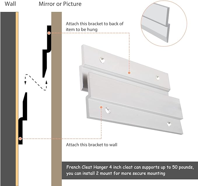 French Cleat Picture Hanger 2 Inches Aluminum Z Hanger Supports 30lbs - Interlocking Wall Mounting Bracket Hardware Kit for Hanging Mirrors, Picture, Shelf, Whiteboard, Art, Frames (2"-6Pairs)