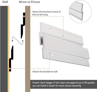 French Cleat Picture Hanger 2 Inches Aluminum Z Hanger Supports 30lbs - Interlocking Wall Mounting Bracket Hardware Kit for Hanging Mirrors, Picture, Shelf, Whiteboard, Art, Frames (2"-6Pairs)