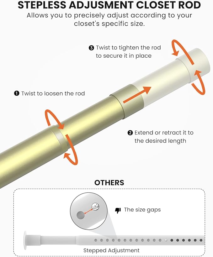 Closet Rods for Hanging Clothes, 17 to 54 Inches Stepless Adjustable Metal Closet Rod, 1.3 Inches Heavy Duty Clothes Hanging Rod for Closet Wardrobes Laundry RV, Verdant Gold