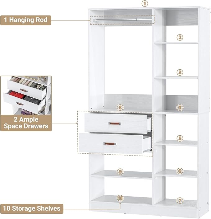 Armocity Freestanding Closet System, 40 Inches Stand-Alone Wardrobe with 10 Shelves, 80'' Height Adjustable Cloth Garment Rack with 2 Wood Drawers, Wood Walk-in Closet with Hanging Rod, White