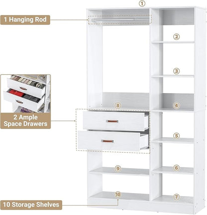 Armocity Freestanding Closet System, 40 Inches Stand-Alone Wardrobe with 10 Shelves, 80'' Height Adjustable Cloth Garment Rack with 2 Wood Drawers, Wood Walk-in Closet with Hanging Rod, White