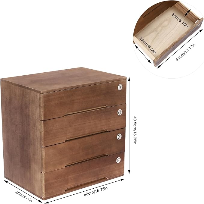 4 Drawers Wood Storage Box, Flat File Cabinet, Storage Cabinet Organizer with Lockable Drawers, Office Supplies File Organizer, Art Storage Cabinets, Multipurpose Tool Box for Home Office (Walnut)